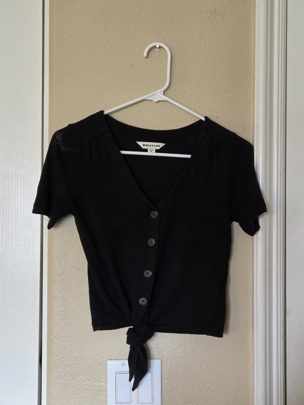 100% Linen Whistles Black Button Front Tie Top